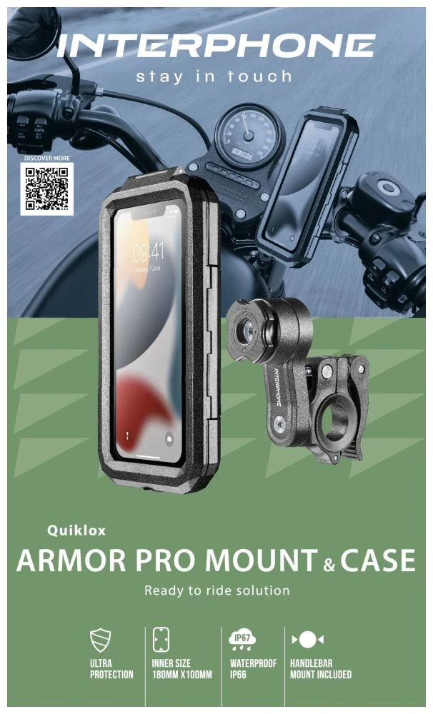 Univerzální voděodolné pouzdro na mobilní telefony Interphone Armor Pro, úchyt na řídítka QUIKLOX, max. 6,5", černé