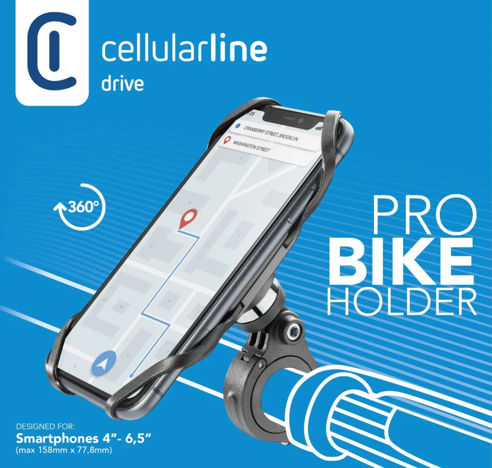 Univerzální držák Cellularline Bike Holder PRO pro mobilní telefony k upevnění na řídítka, černý